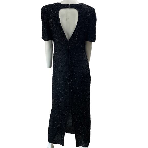 VINTAGE 80s Dress Womens PM Petite Medium Black Beaded Maxi Silk Retro - Picture 2 of 13